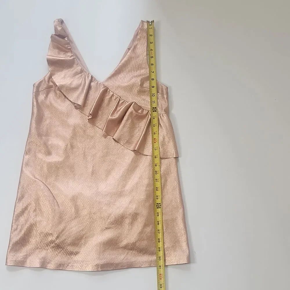 ZARA Metallic Rose Gold Faux Leather Deep V Ruffle Frill Mini PartyDress Small - Picture 9 of 10